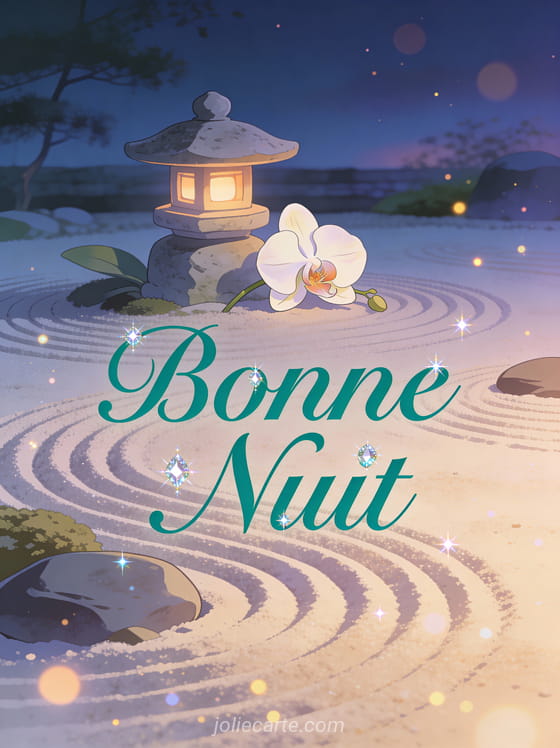 Jardin zen au crépuscule avec sable ratissé orchidée et lanterne de pierre texte Bonne Nuit