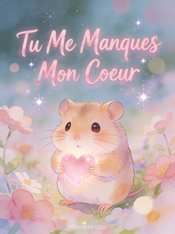 Hamster mignon illustré tenant un cœur rose lumineux dans un jardin pastel fleuri avec texte Tu Me Manques Mon Cœur