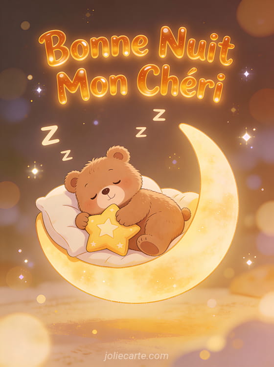 Ourson cartoon sur lit en forme de croissant de lune avec coussin étoile texte Bonne Nuit Mon Chéri