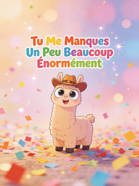 Lama cartoon drôle aux yeux globuleux avec petit chapeau de cowboy sur fond de confettis colorés et texte Tu Me Manques