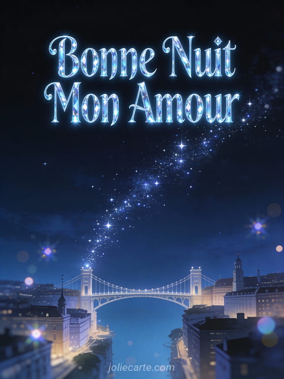 Deux villes reliées par un pont d'étoiles dans ciel nocturne bleu texte Bonne Nuit Mon Amour