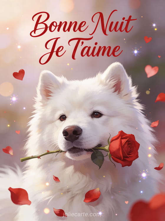 Chien Samoyède blanc tenant rose rouge dans la gueule regard tendre texte Bonne Nuit Je T'aime