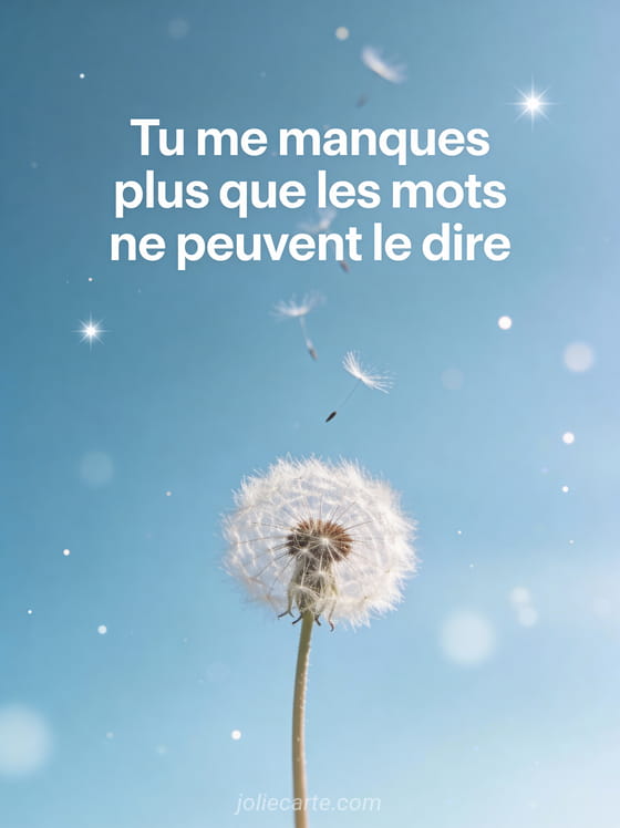 Pissenlit délicat avec graines s'envolant dans un ciel bleu doux et citation courte sur le manque
