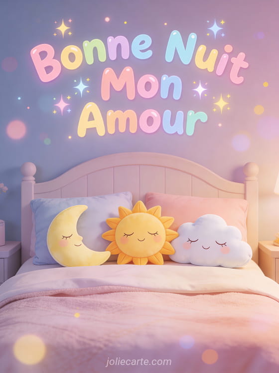 Coussins kawaii lune soleil et nuage sur lit douillet coloré texte Bonne Nuit Mon Amour