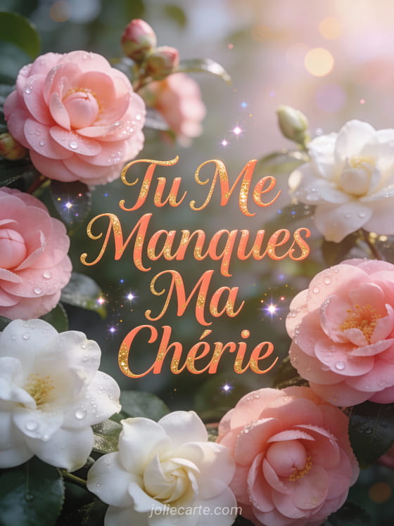 Arrangement de camélias roses et gardénias blancs avec rosée du matin dans une atmosphère féminine et texte Tu Me Manques Ma Chérie