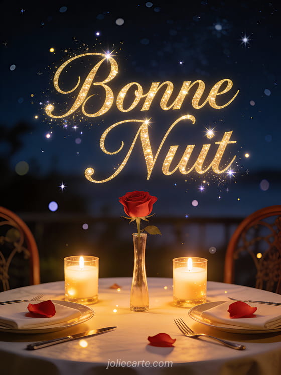 Table de dîner romantique pour deux avec bougies et rose rouge sous ciel étoilé texte Bonne Nuit