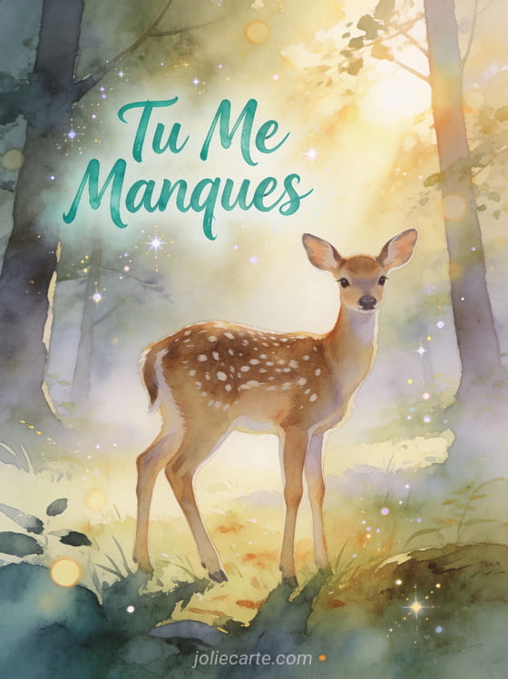 Faon aux taches blanches dans une clairière brumeuse avec rayons de soleil filtrant à travers les arbres et texte Tu Me Manques