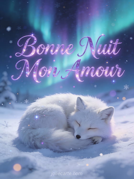 Renard arctique blanc endormi dans neige sous aurore boréale texte Bonne Nuit Mon Amour