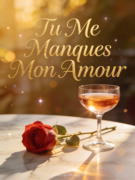 Verre de vin rosé et rose rouge sur surface en marbre dans la lumière dorée du soir et texte Tu Me Manques Mon Amour