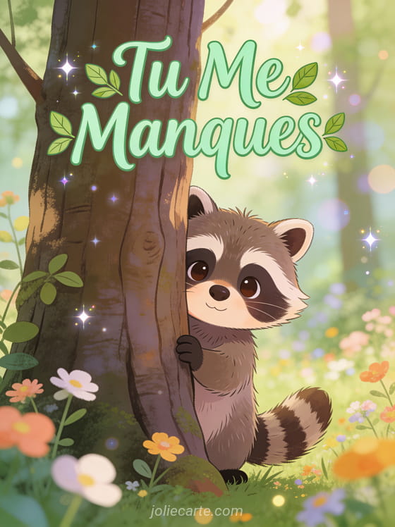 Raton laveur mignon illustré regardant timidement de derrière un tronc d'arbre avec fleurs sauvages et texte Tu Me Manques