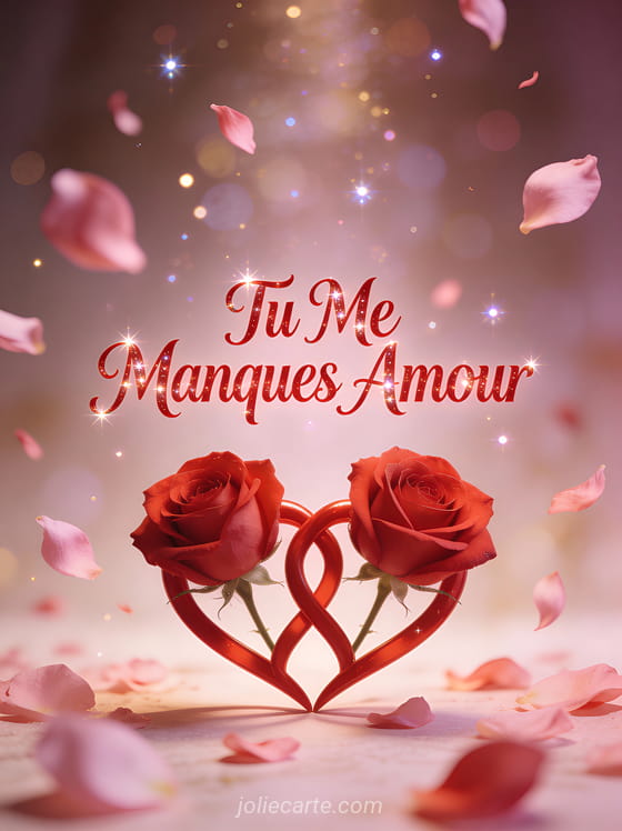Deux roses rouges entrelacées formant un cœur avec pétales roses tombant dans une atmosphère romantique et texte Tu Me Manques Amour