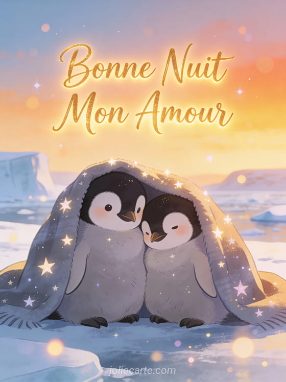 Couple de pingouins blottis ensemble sous ciel étoilé antarctique texte Bonne Nuit Mon Amour