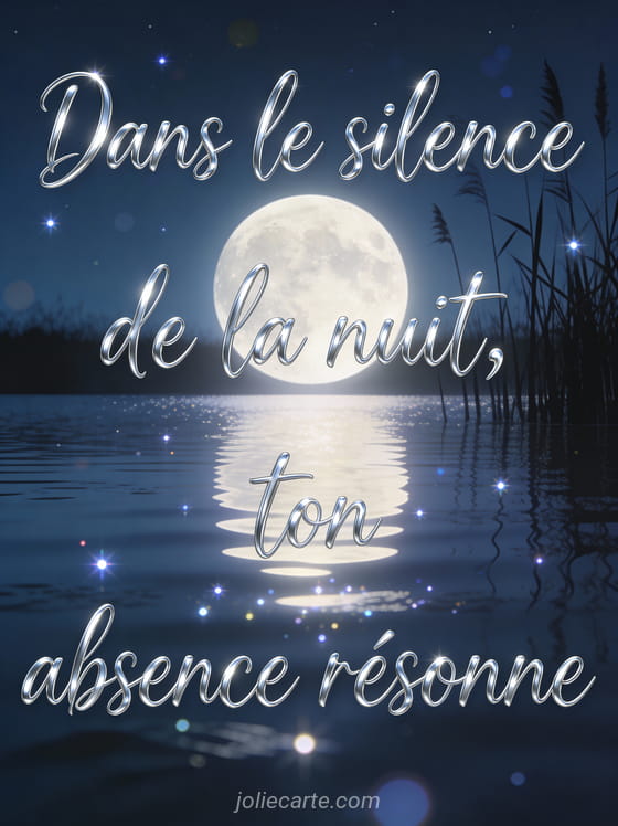 Pleine lune se reflétant sur un lac calme avec silhouette de roseaux dans une atmosphère nocturne paisible et poème sur l'absence