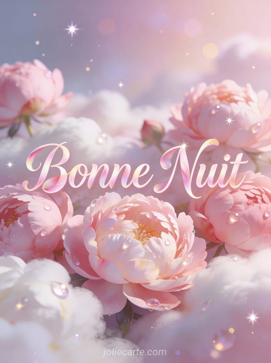 Pivoines roses et blanches avec gouttes de rosée reflétant la lumière des étoiles texte Bonne Nuit