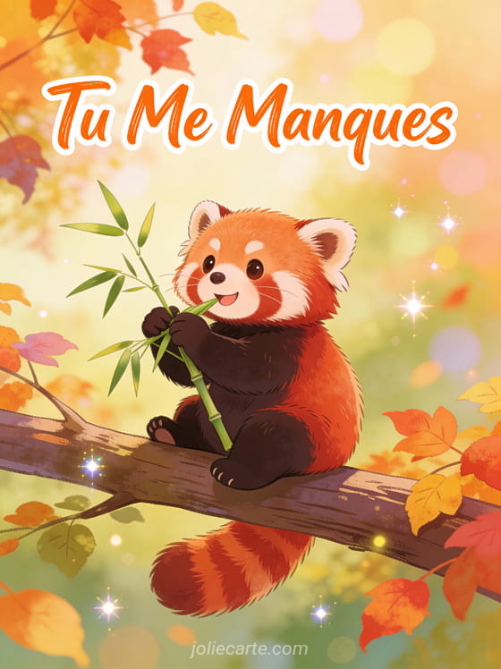 Panda roux mignon illustré assis sur une branche mangeant du bambou avec feuilles d'automne colorées et texte Tu Me Manques