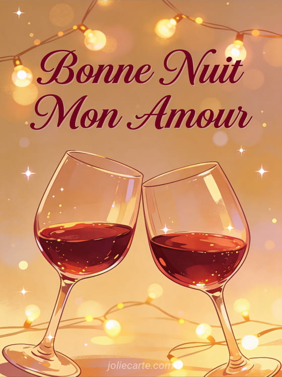 Deux verres de vin rouge trinquant sous guirlandes lumineuses texte Bonne Nuit Mon Amour