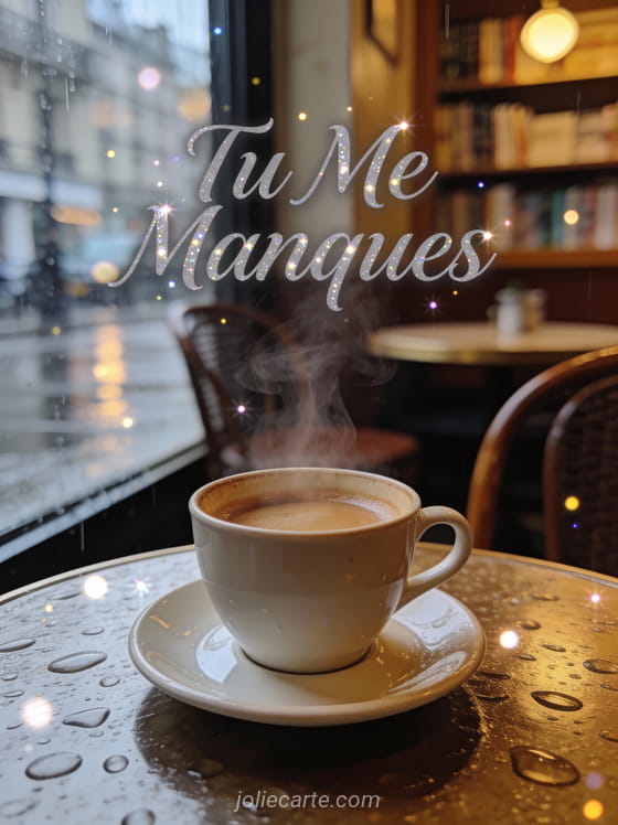 Tasse de café fumant avec gouttes de pluie sur la surface dans une ambiance de café intime et texte Tu Me Manques