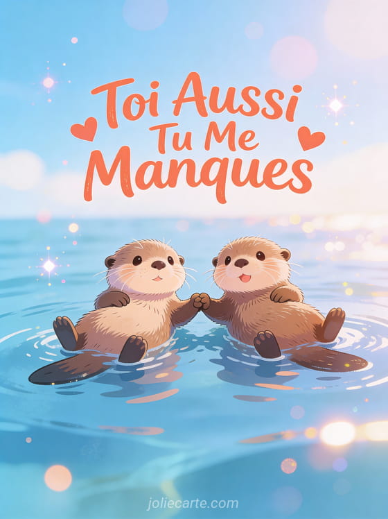 Deux loutres mignonnes illustrées se tenant la patte en flottant sur l'eau bleu clair avec texte Toi Aussi Tu Me Manques