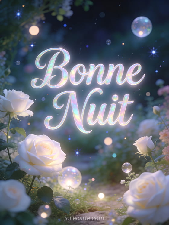 Jardin nocturne enchanté avec roses blanches lumineuses et orbes de lumière flottants texte Bonne Nuit