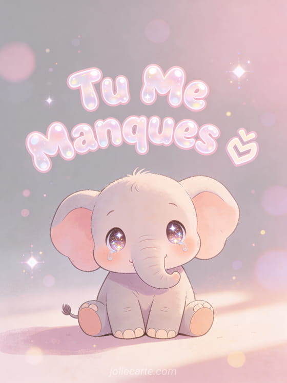 Bébé éléphant mignon illustré avec grands yeux brillants et larmoyants assis seul sur fond rose et gris avec texte Tu Me Manques