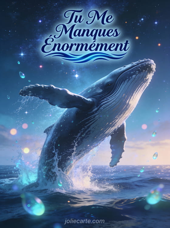 Baleine majestueuse jaillissant de l'océan sous un ciel étoilé avec eau bioluminescente et texte Tu Me Manques Énormément