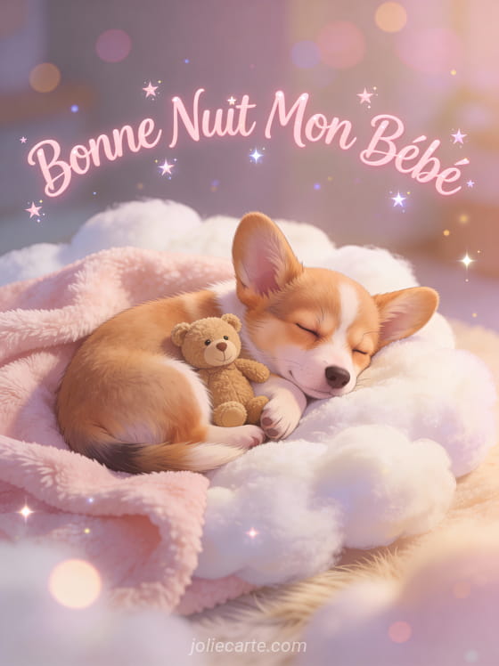 Chiot corgi endormi avec petit nounours sur couverture nuageuse texte Bonne Nuit Mon Bébé
