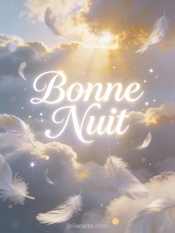 Plumes blanches flottant parmi nuages avec lumière dorée céleste texte Bonne Nuit