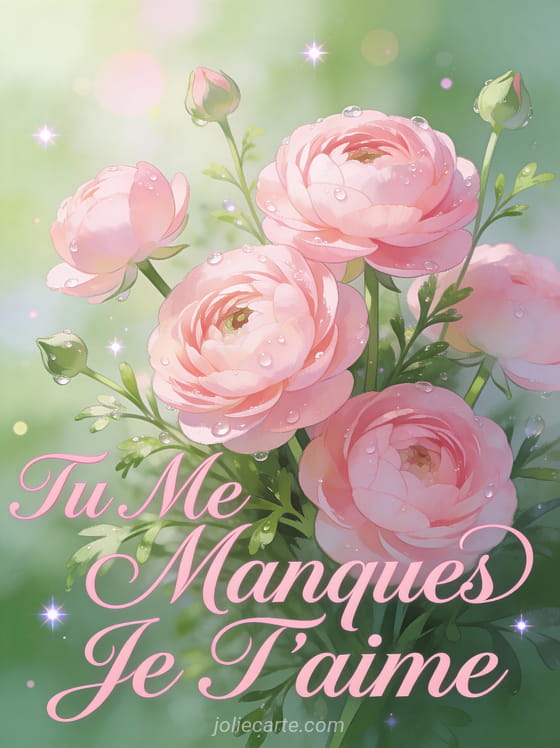 Arrangement de renoncules roses avec feuillage vert délicat et gouttes de rosée dans une atmosphère romantique et texte Tu Me Manques Je T'aime