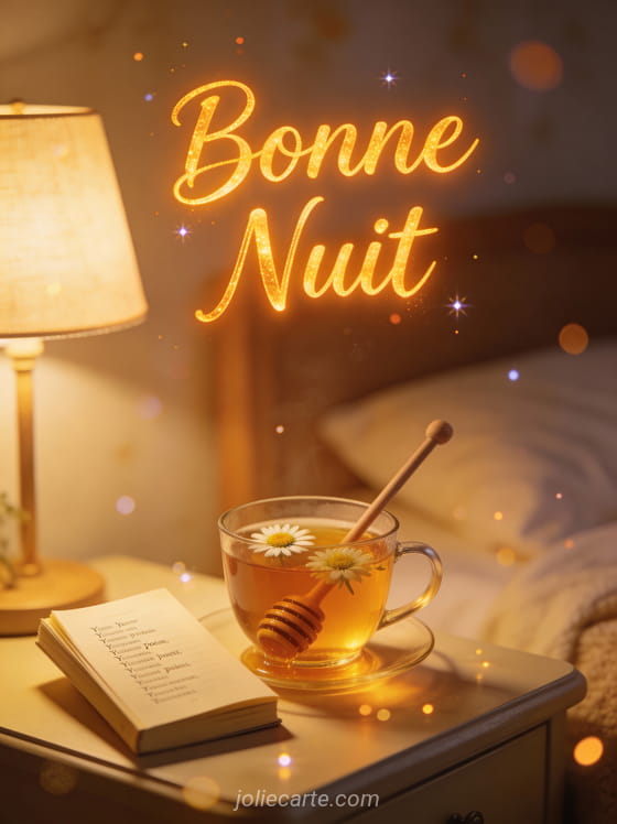 Tasse de tisane camomille avec miel et livre de poèmes sur table de nuit texte Bonne Nuit