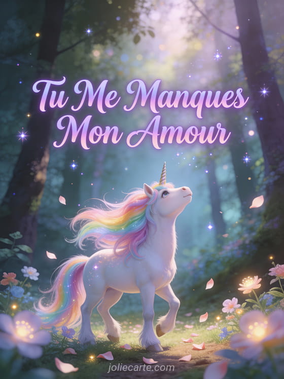 Licorne magique illustrée à la crinière arc-en-ciel dans une forêt enchantée avec fleurs lumineuses et texte Tu Me Manques Mon Amour