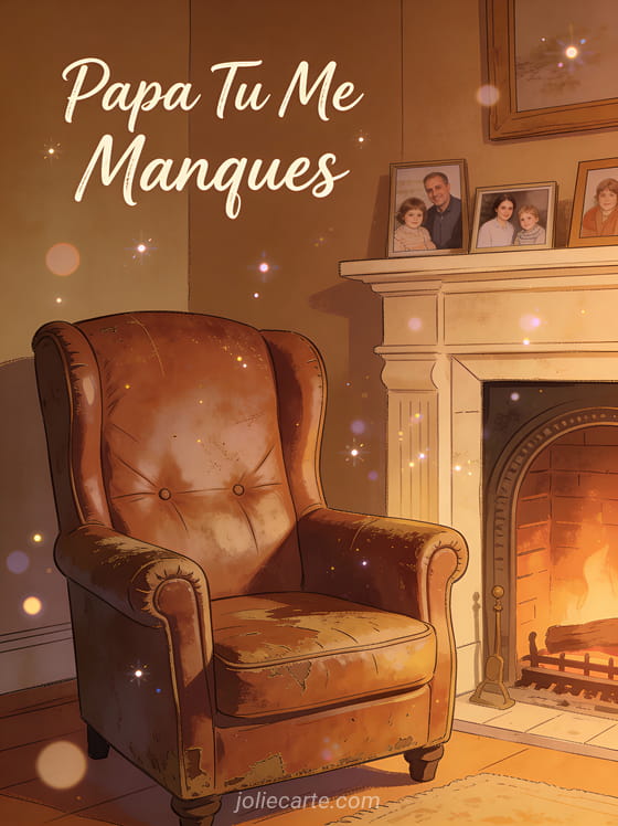 Vieux fauteuil en cuir près d'une cheminée avec photos de famille sur le manteau dans une lumière ambrée chaleureuse et texte Papa Tu Me Manques
