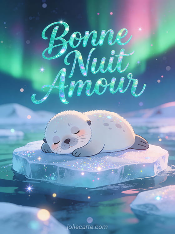 Bébé phoque cartoon endormi sur banquise sous aurore boréale texte Bonne Nuit Amour
