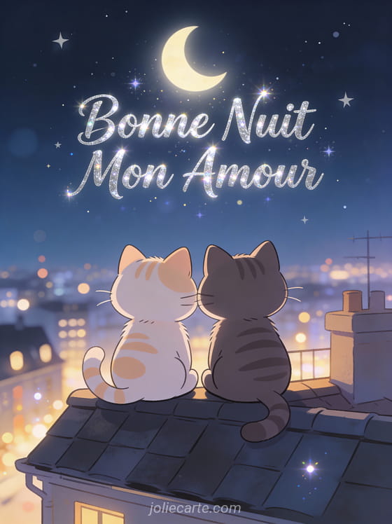Deux chats cartoon assis sur toit regardant étoiles avec ville illuminée en bas texte Bonne Nuit Mon Amour