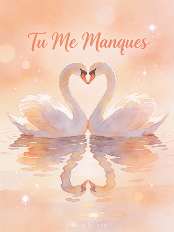 Couple de cygnes illustrés formant un cœur avec leurs cous et reflet dans l'eau calme avec texte Tu Me Manques