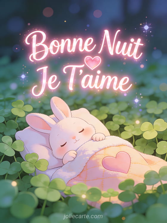 Lapin adorable se couchant dans lit de trèfles avec couverture cœur texte Bonne Nuit Je T'aime