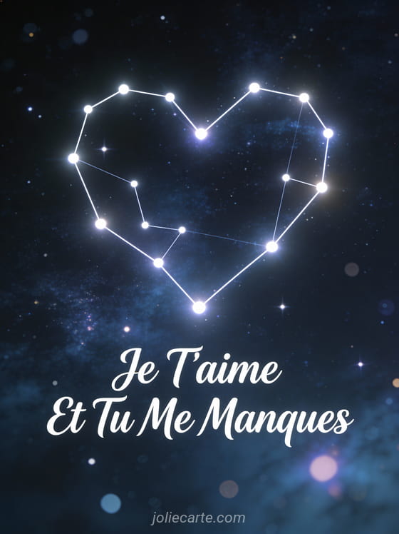 Constellation en forme de cœur brillant dans un ciel étoilé de l'univers avec texte Je T'aime Et Tu Me Manques