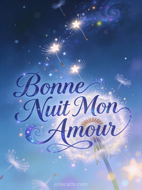 Graines de pissenlit se transformant en étoiles lumineuses dans ciel nocturne texte Bonne Nuit Mon Amour