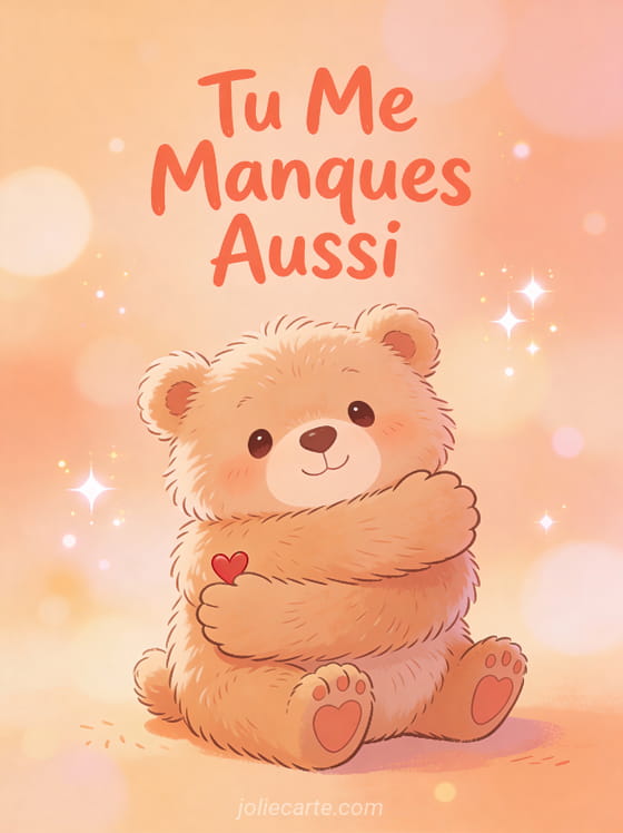Ourson mignon illustré faisant un geste de câlin avec fourrure douce et expression chaleureuse sur fond tons chauds et texte Tu Me Manques Aussi