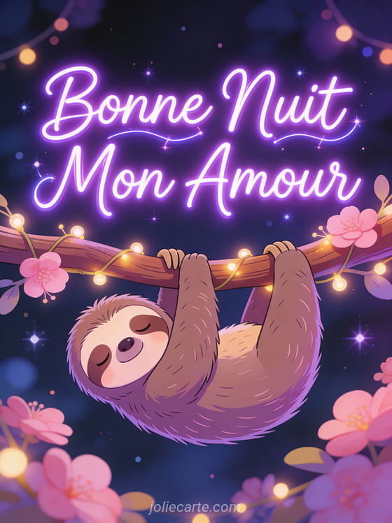 Paresseux cartoon endormi sur branche avec guirlandes lumineuses et fleurs roses texte Bonne Nuit Mon Amour