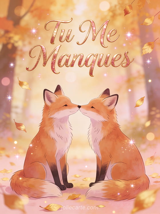 Deux renards illustrés se touchant le museau tendrement dans une forêt d'automne avec feuilles dorées et texte Tu Me Manques
