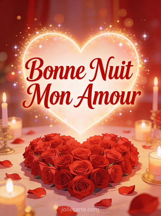 Roses rouges formant cœur avec bougies et pétales éparpillés texte Bonne Nuit Mon Amour