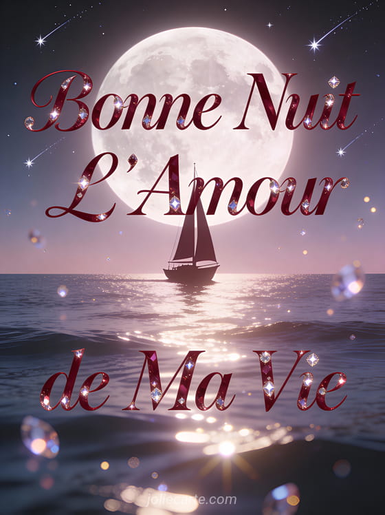 Voilier silhouette sur mer calme sous pleine lune et traînées d'étoiles texte Bonne Nuit L'Amour de Ma Vie