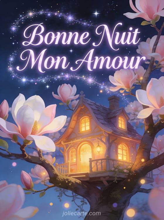 Cabane dans magnolia en fleurs avec lumières chaudes sous ciel étoilé texte Bonne Nuit Mon Amour