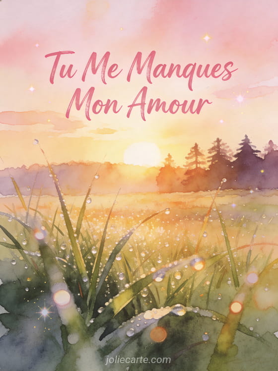 Lever de soleil sur une prairie paisible avec rosée sur l'herbe et silhouette d'arbres au loin et texte Tu Me Manques Mon Amour