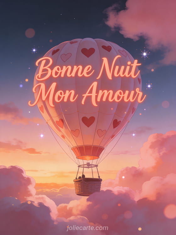 Montgolfière avec cœurs flottant parmi nuages roses au crépuscule texte Bonne Nuit Mon Amour