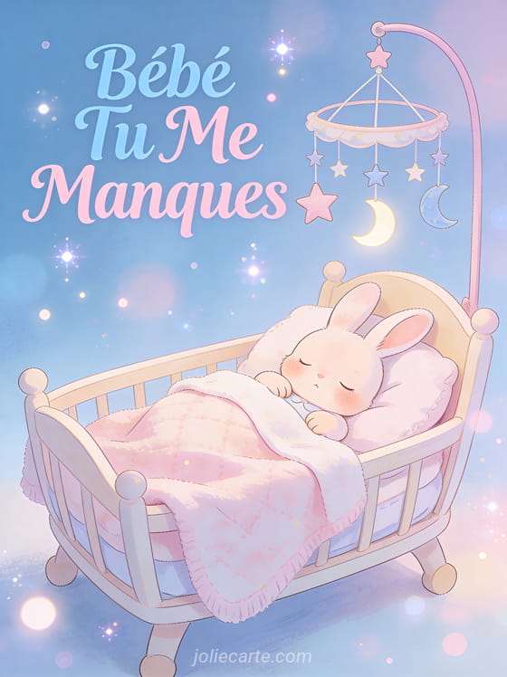 Bébé lapin mignon illustré dormant dans un petit berceau avec couverture douce et mobile étoiles et lunes et texte Bébé Tu Me Manques