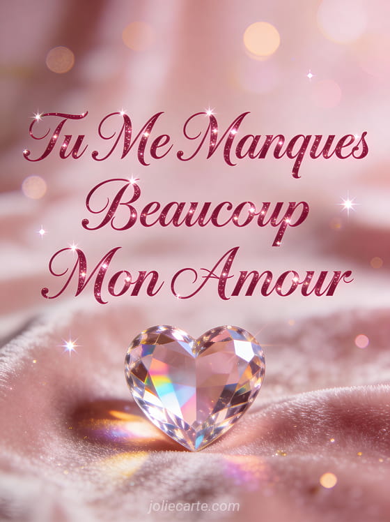 Cœur en cristal avec reflets arc-en-ciel sur fond velours avec texte Tu Me Manques Beaucoup Mon Amour