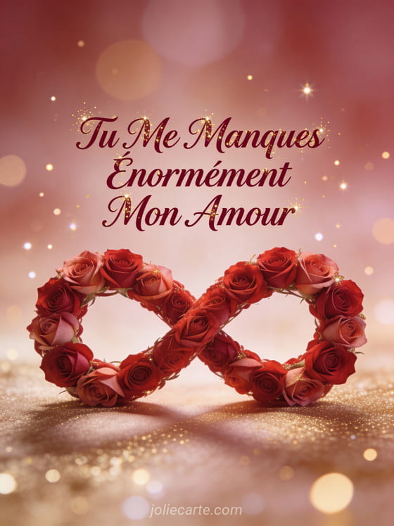Symbole infini formé de roses rouges entrelacées avec étincelles dorées et texte Tu Me Manques Énormément Mon Amour