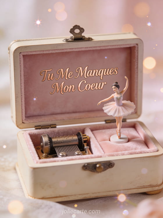 Boîte à musique ouverte avec figurine ballerine délicate et intérieur velours rose dans une atmosphère vintage et texte Tu Me Manques Mon Cœur