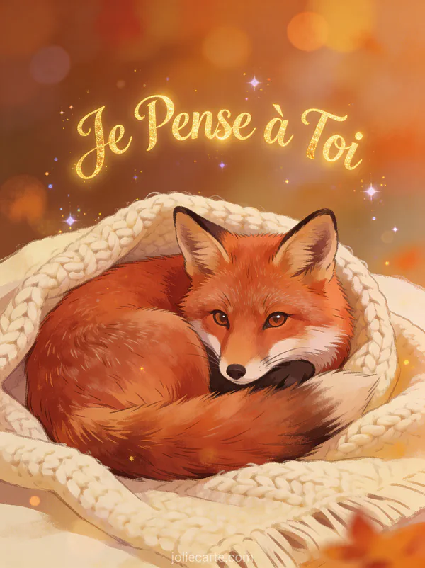 Renard roux blotti sur une couverture avec un regard tendre et le texte Je Pense à Toi